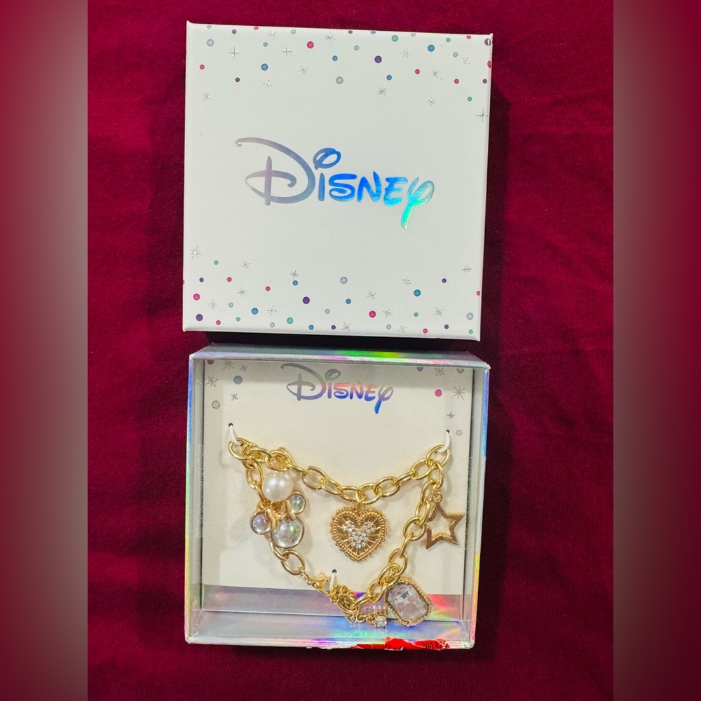 Disney Gold Charm Bracelet with Heart, Star, Pearls & Iridescent Gems